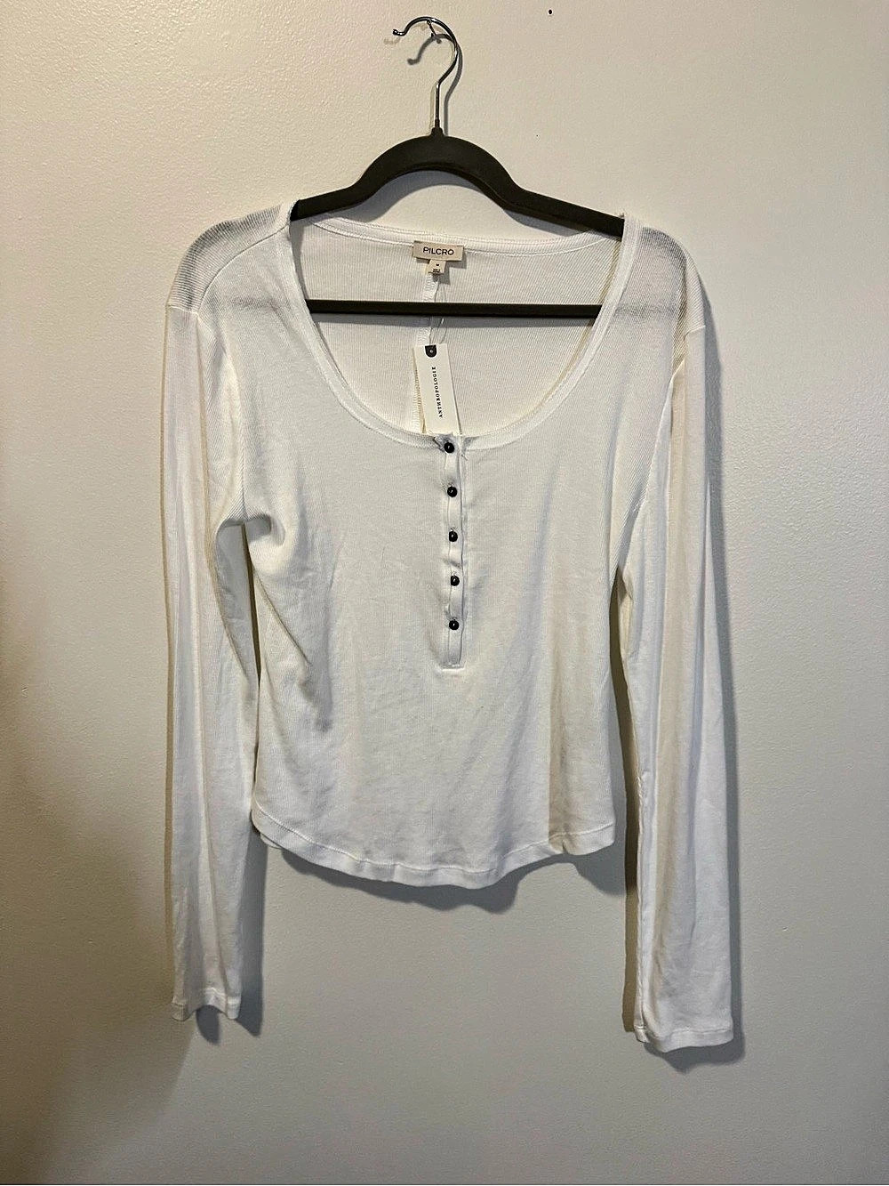 Pilcro Ribbed Long-Sleeve Henley Top White Medium